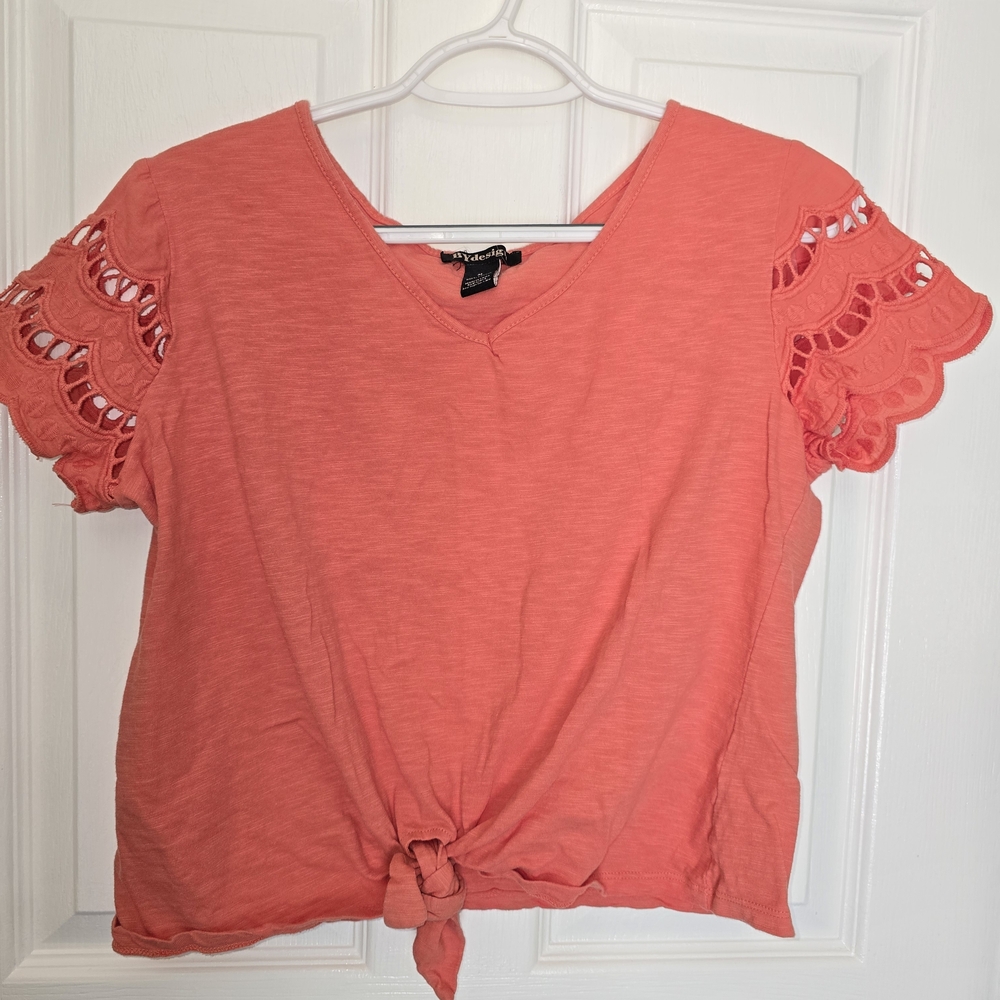 Coral Lace Sleeve Tie-Front Top